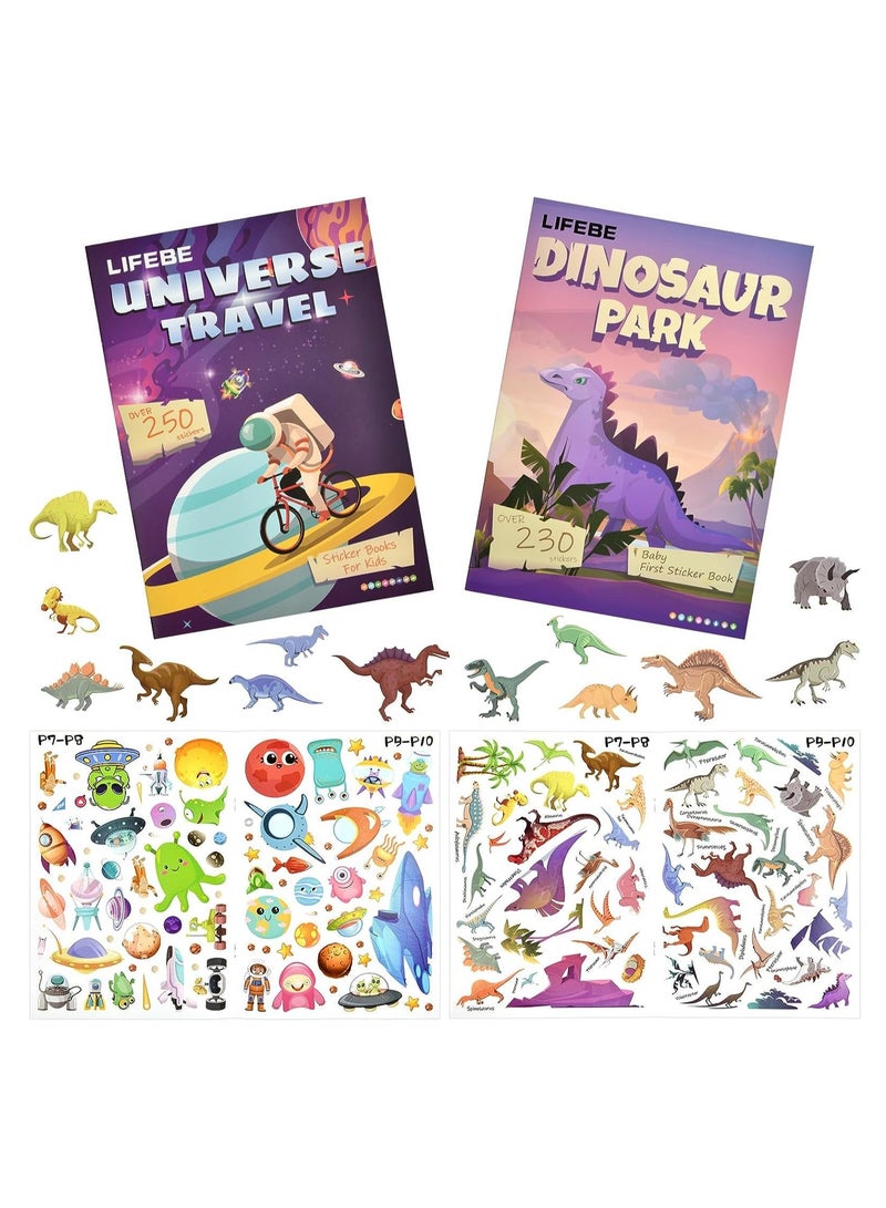 SYOSI Sticker Books, KASTWAVE 2Pcs Reusable Sticker Book Learning Toys for 2 to 6 Years Old Boys Girls, Dinosaur Park and Space Travel Sticker Books for Toddler Educational Sticker Toy - Image 1