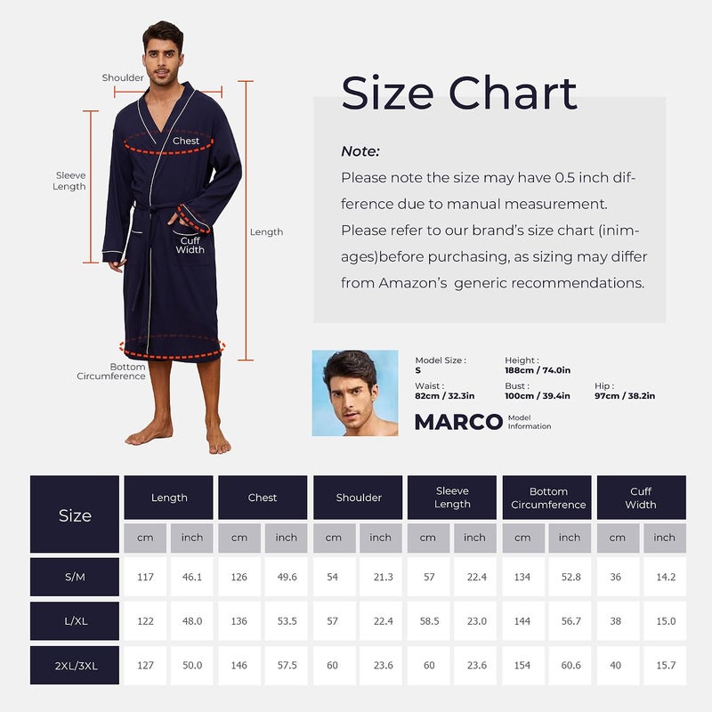 U2SKIIN Men's Lightweight Cotton Bathrobe - Black, Small-Medium - Image 5