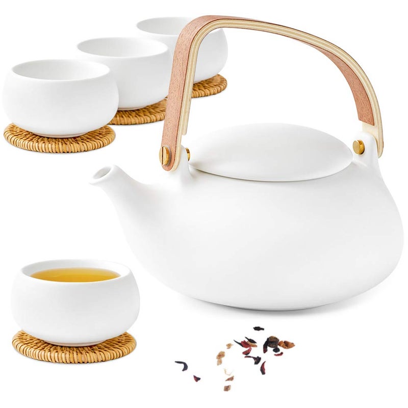 ZENS Modern Japanese Tea Set 27 oz Ceramic Japanese Teapot with Fine Stainers and 4 Cups for Loose Leaf Tea Steeper Wood Handle Matte Japanese Teapots Hot Tea Brewer for Tea Party Women Gifts - Image 2