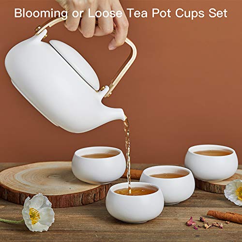 ZENS Modern Japanese Tea Set 27 oz Ceramic Japanese Teapot with Fine Stainers and 4 Cups for Loose Leaf Tea Steeper Wood Handle Matte Japanese Teapots Hot Tea Brewer for Tea Party Women Gifts - Image 3
