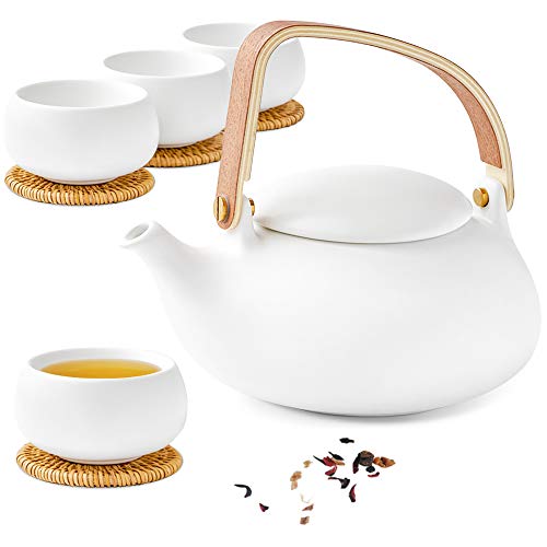 ZENS Modern Japanese Tea Set 27 oz Ceramic Japanese Teapot with Fine Stainers and 4 Cups for Loose Leaf Tea Steeper Wood Handle Matte Japanese Teapots Hot Tea Brewer for Tea Party Women Gifts - Image 1