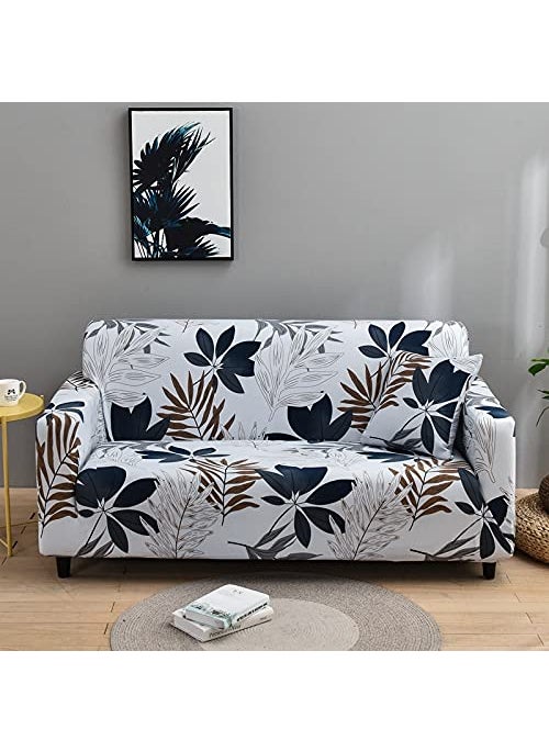 Styleys Styleys Universal Polyester Big Elasticity Flexible Stretch Double Seater Sofa Cover (2 Seater, 140-180 cms, White Long Multi Leaf, SLMH-25)  - Image 1