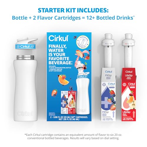 Cirkul 22oz. White Stainless Steel Water Bottle Starter Kit with Blue Lid, 2 Flavor Cartridges (1 LifeSip Fruit Punch and 1 FitSip Mixed Berry) No Sugar, Zero Calorie Drink Mix - Image 3