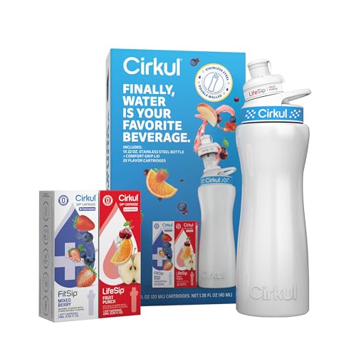 Cirkul 22oz. White Stainless Steel Water Bottle Starter Kit with Blue Lid, 2 Flavor Cartridges (1 LifeSip Fruit Punch and 1 FitSip Mixed Berry) No Sugar, Zero Calorie Drink Mix - Image 2