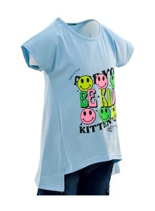 JOANNA JOANNA 23KY390B Girl's Smiley With Be Kind Print Round Neck Long Back Short Sleeve T-Shirt - Blue  - Image 2