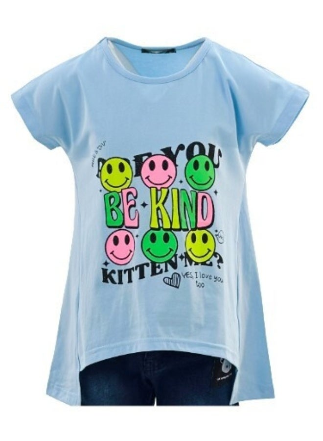 JOANNA JOANNA 23KY390B Girl's Smiley With Be Kind Print Round Neck Long Back Short Sleeve T-Shirt - Blue  - Image 1