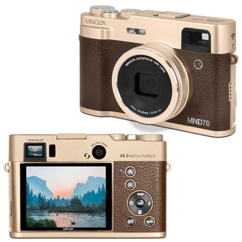 Minolta Retro Digital Camera – 48MP Autofocus Compact with 5K Ultra HD Video, Rear Selfie Lens, 16x Zoom, WiFi, 2.8-inch LCD Screen, Digital Stabilization, Optical Viewfinder, 32GB Card (Gold) - Image 1