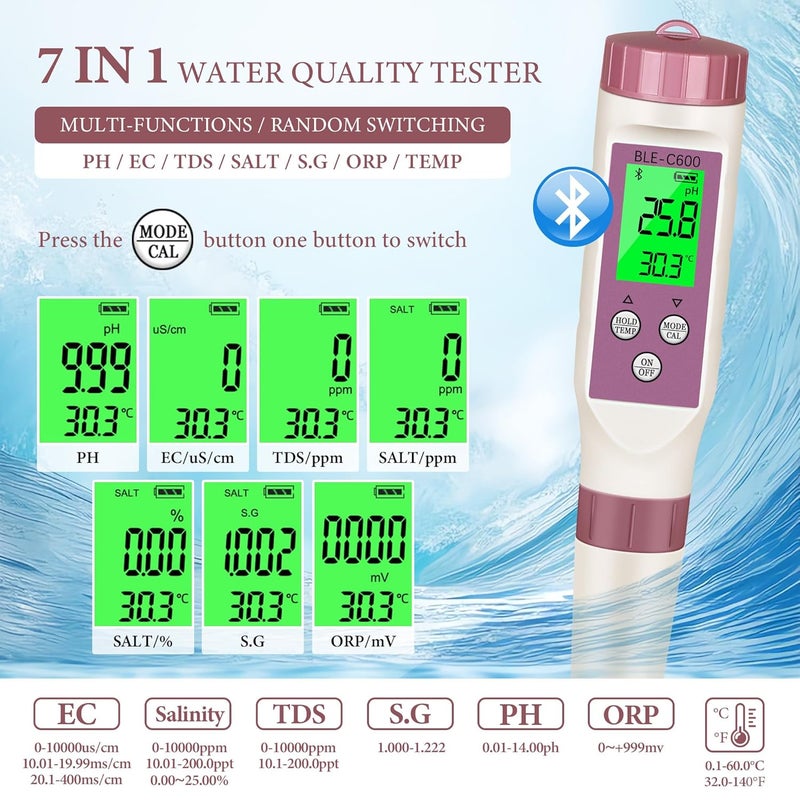 Rowyet PH Meter 7-in-1 Tds Meter/Salinity Tester/pH Meter/EC Meter/Orp Meter/S.G Meter/Temp ph Tester Digital,PH Meter for Water 0.01pH Accuracy,Tds Meter with ATC. - Image 4