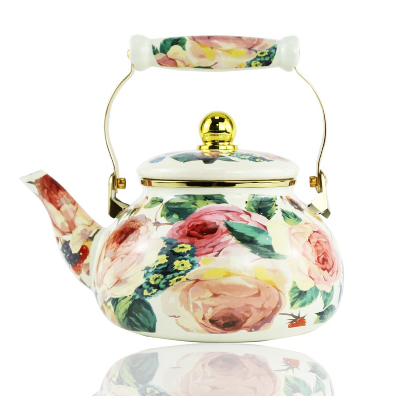 Leebright Floral Enamel Tea Kettle Vintage Gold Beige Teapot Beige Floral Boho Hot Water Coffee Kettle Pot 25L Porcelain Tea Pot with Ceramic Handle for Stovetop Kitchen Home Decor - Image 2