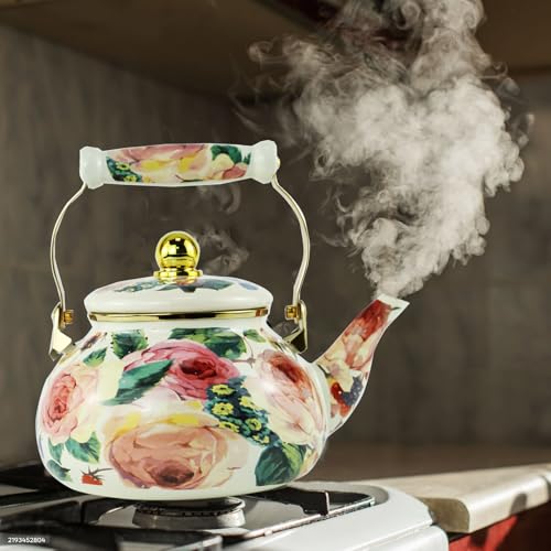 Leebright Floral Enamel Tea Kettle Vintage Gold Beige Teapot Beige Floral Boho Hot Water Coffee Kettle Pot 25L Porcelain Tea Pot with Ceramic Handle for Stovetop Kitchen Home Decor - Image 3