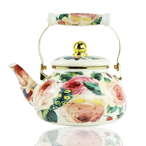 Leebright Floral Enamel Tea Kettle Vintage Gold Beige Teapot Beige Floral Boho Hot Water Coffee Kettle Pot 25L Porcelain Tea Pot with Ceramic Handle for Stovetop Kitchen Home Decor - Image 1