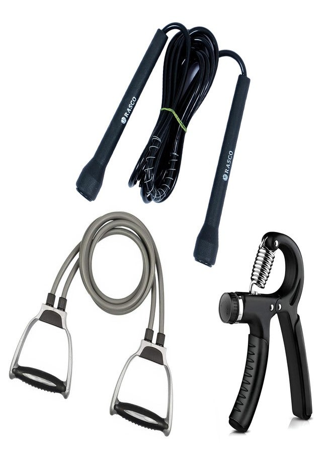 RASCO Double Toning Tube & Adjustable Hand Grip, Pencil Skipping Rope for Full Body Workout, Exercise Equipment Resistance Tube with Comfort Handles, Black and Grey - Image 2