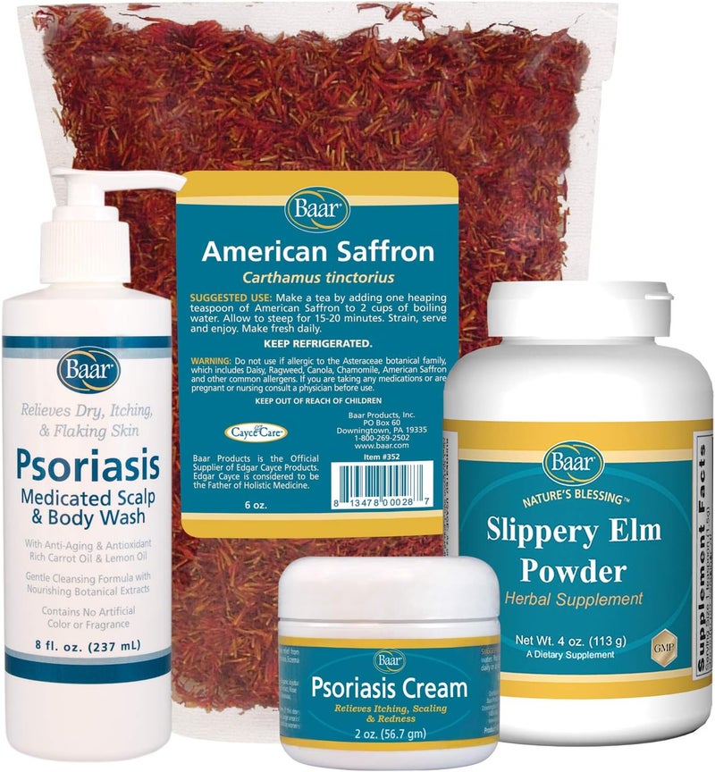 baar Psoriasis Care Kit - Includes American Saffron Tea, Slippery Elm Bark Powder, Psoriasis Scalp and Body Wash, and Psoriasis Cream. 4 Items Recommended in The Book Healing Psoriasis by Dr. John Pagano