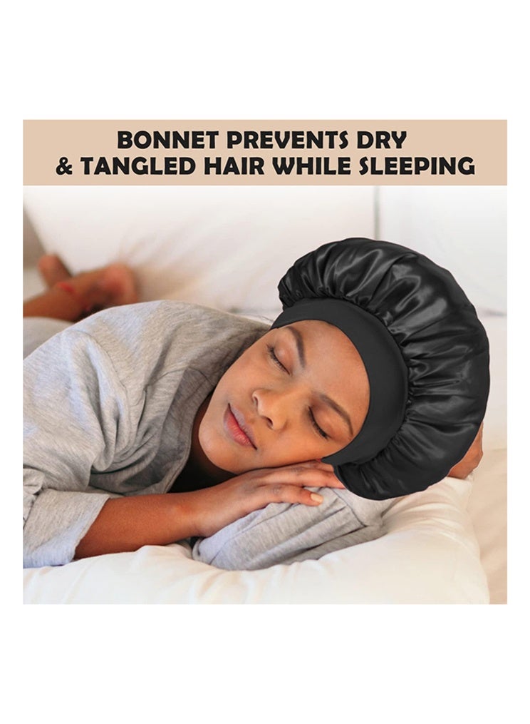 بوفان قطعتان من قبعات النوم الحريرية، قبعات شعر من الساتان، قبعة نوم حريرية ناعمة بشريط مطاطي، غطاء شعر للنساء (أسود وأحمر) - Image 2