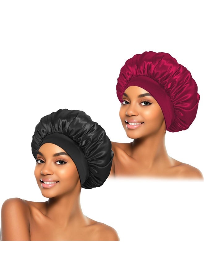 بوفان قطعتان من قبعات النوم الحريرية، قبعات شعر من الساتان، قبعة نوم حريرية ناعمة بشريط مطاطي، غطاء شعر للنساء (أسود وأحمر) - Image 1