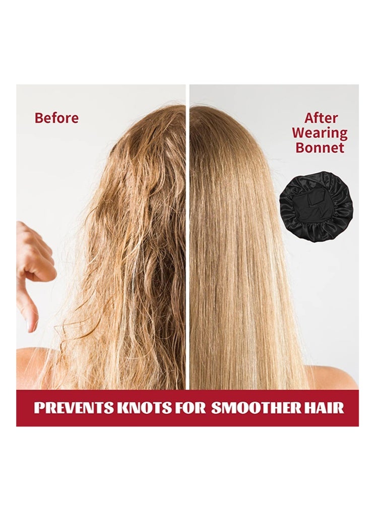 بوفان قطعتان من قبعات النوم الحريرية، قبعات شعر من الساتان، قبعة نوم حريرية ناعمة بشريط مطاطي، غطاء شعر للنساء (أسود وأحمر) - Image 3