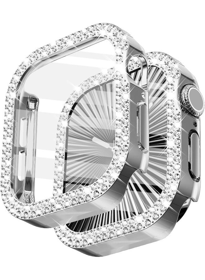 اليشمك حافظة متوافقة مع ساعة Apple Watch Series 10 مقاس 46 مم مع واقي شاشة، حافظة صلبة مقاومة للماء بتصميم ماسي من الكريستال مزدوج الصف لساعة iWatch Series 10 (2024) مقاس 46 مم، فضي - Image 1