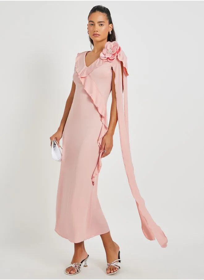 Take Two Take Two Solid V Neck Ruffle Trim Sheath Midi Dress with Corsage Detail