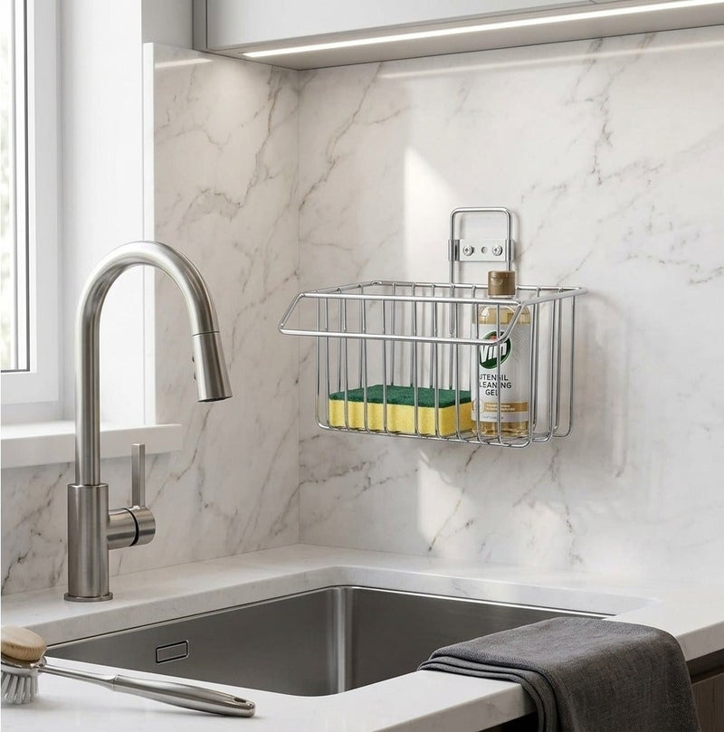 DUNEKART Stainless Steel Kitchen Sink Organizer – Kitchen Soap and Sponge Holder | Wall-Mounted Drain Rack for Bathroom and Kitchen | Silver - Image 3