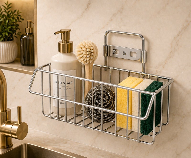 DUNEKART Stainless Steel Kitchen Sink Organizer – Kitchen Soap and Sponge Holder | Wall-Mounted Drain Rack for Bathroom and Kitchen | Silver - Image 2