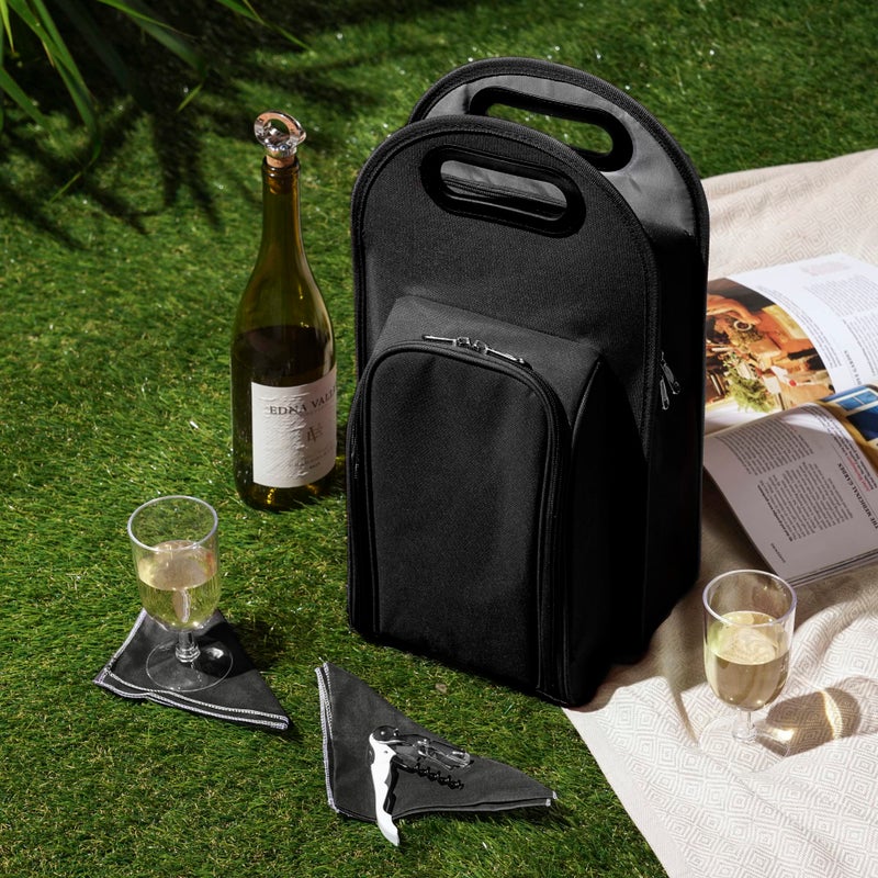True Metro Insulated Wine Tote with Pockets, Wine Bottle Carrier and Picnic accessory set, wine glasses set of 2, Napkins, Corkscrew, and Bottle stopper, Black, Set of 1 - Image 5