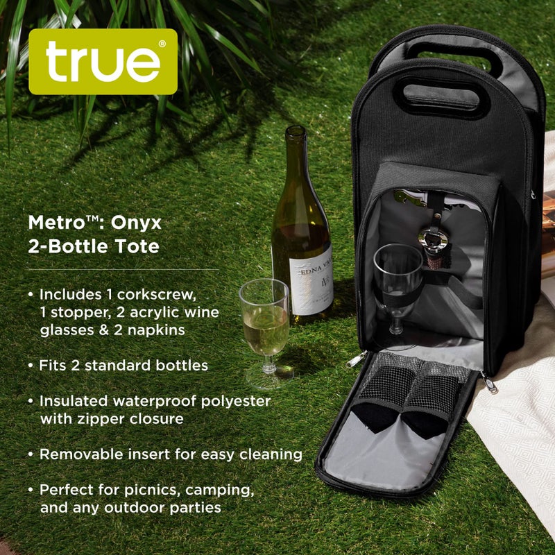 True Metro Insulated Wine Tote with Pockets, Wine Bottle Carrier and Picnic accessory set, wine glasses set of 2, Napkins, Corkscrew, and Bottle stopper, Black, Set of 1 - Image 3