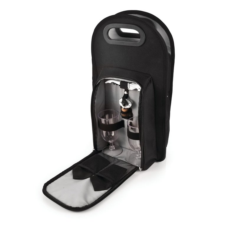 True Metro Insulated Wine Tote with Pockets, Wine Bottle Carrier and Picnic accessory set, wine glasses set of 2, Napkins, Corkscrew, and Bottle stopper, Black, Set of 1 - Image 1