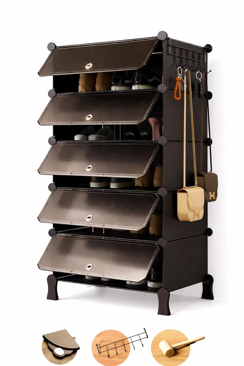 HEMOVIA Plastic Shoe Rack for Home | 𝟓 𝐒𝐡𝐞𝐥𝐟 DIY Shoe Rack with Door for Home Storage Plastic Box Organizer, Metal Door Frame, Chappal Slipper Sandals Stand (HU2-Black, 5-Shelf-5-Door) - Image 1