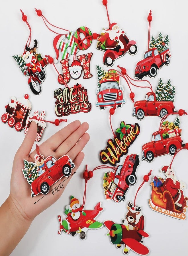 Queekay 16 Pieces Wooden Red Truck Ornaments, Vintage Christmas Tree Decorations, Xmas Hanging Pickup Truck Ornament, Rustic Farmhouse Crafts for Holiday Party Home Favors - Image 2