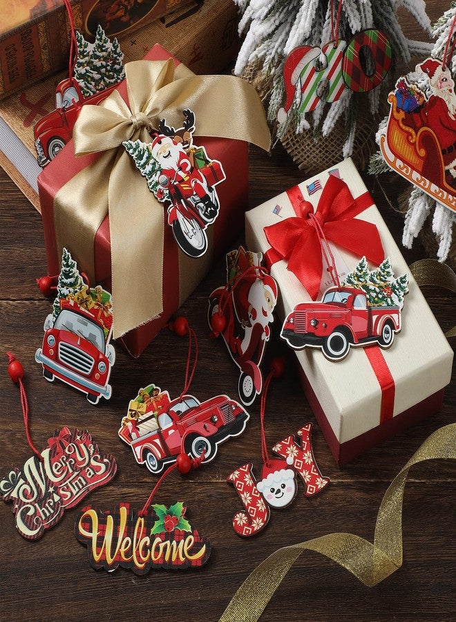 Queekay 16 Pieces Wooden Red Truck Ornaments, Vintage Christmas Tree Decorations, Xmas Hanging Pickup Truck Ornament, Rustic Farmhouse Crafts for Holiday Party Home Favors - Image 4