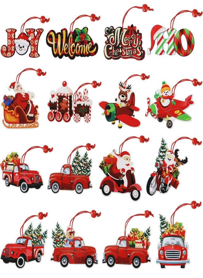 Queekay 16 Pieces Wooden Red Truck Ornaments, Vintage Christmas Tree Decorations, Xmas Hanging Pickup Truck Ornament, Rustic Farmhouse Crafts for Holiday Party Home Favors - Image 1