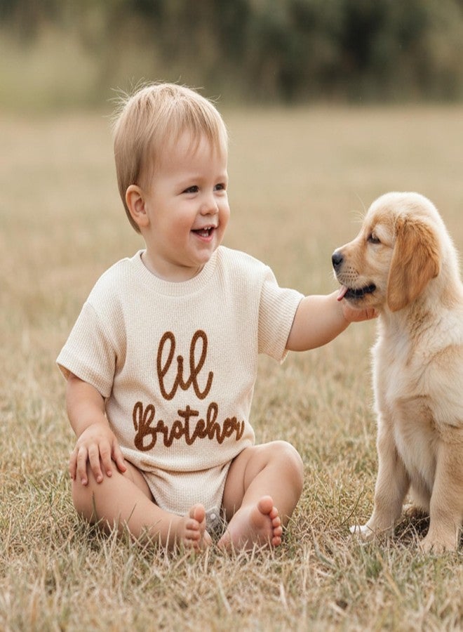 Ayalinggo Little Brother Newborn Outfit Infant Baby Boy Lil Bro Shirt Bubble Romper Waffle Bodysuit Siblings Matching Clothes (Beige lil brother, 0-3 Months) - Image 2
