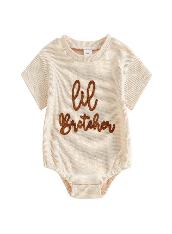 Ayalinggo Little Brother Newborn Outfit Infant Baby Boy Lil Bro Shirt Bubble Romper Waffle Bodysuit Siblings Matching Clothes (Beige lil brother, 0-3 Months) - Image 1