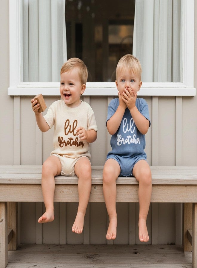Ayalinggo Little Brother Newborn Outfit Infant Baby Boy Lil Bro Shirt Bubble Romper Waffle Bodysuit Siblings Matching Clothes (Beige lil brother, 0-3 Months) - Image 4