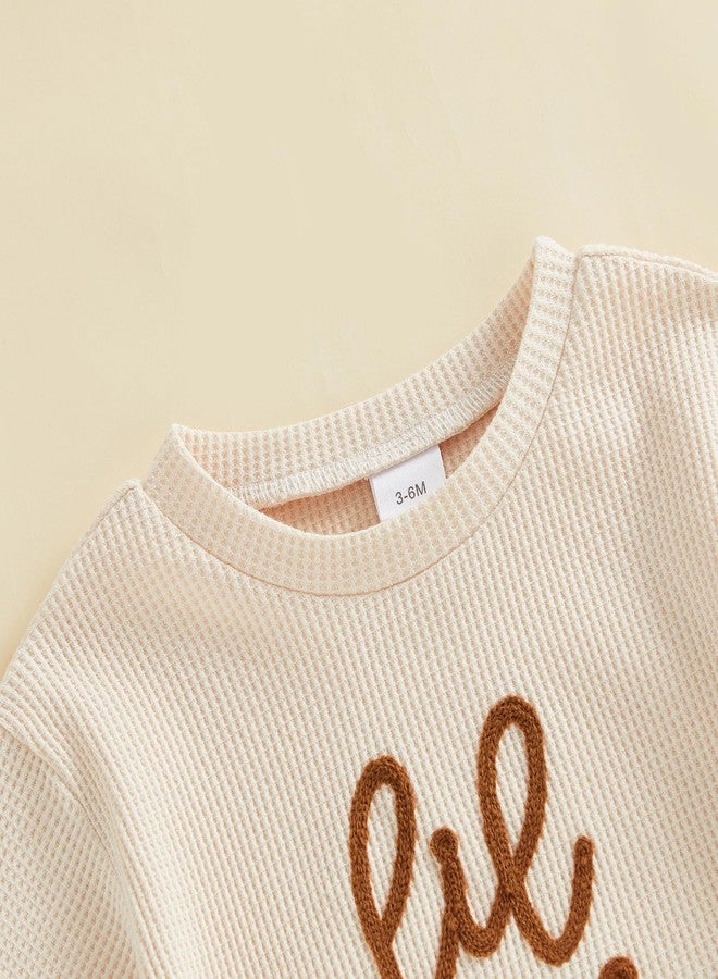 Ayalinggo Little Brother Newborn Outfit Infant Baby Boy Lil Bro Shirt Bubble Romper Waffle Bodysuit Siblings Matching Clothes (Beige lil brother, 0-3 Months) - Image 5