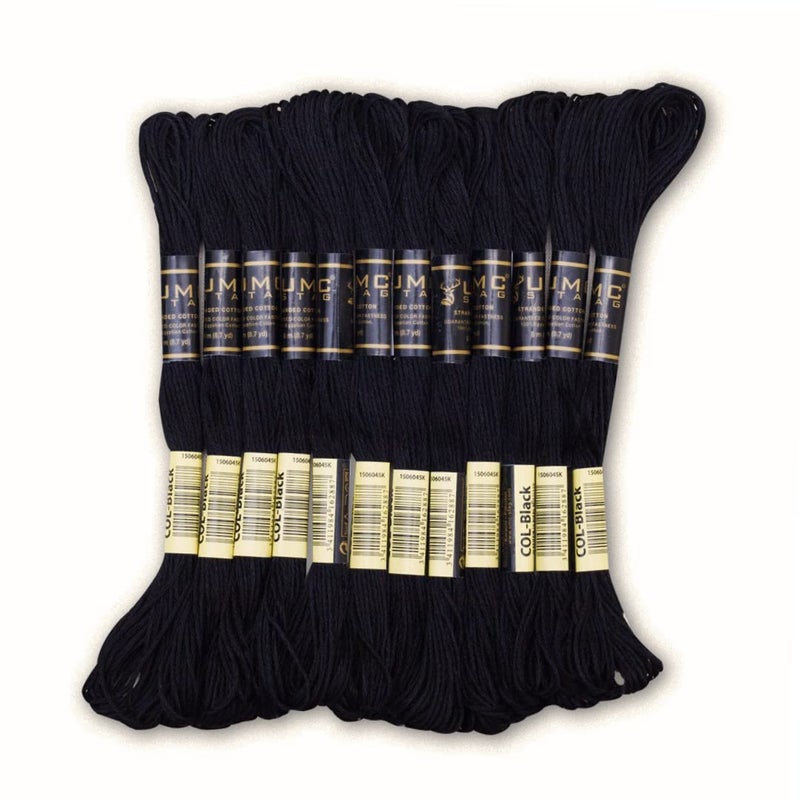 UMC STAG Pack of 12 Black Premium Embroidery Threads  100 Egyptian Cotton Premium Skeins  Cross Stitch Embroidery Floss  Oeko TEX Certified Stranded Cotton  Ideal for Arts  Crafts Black12