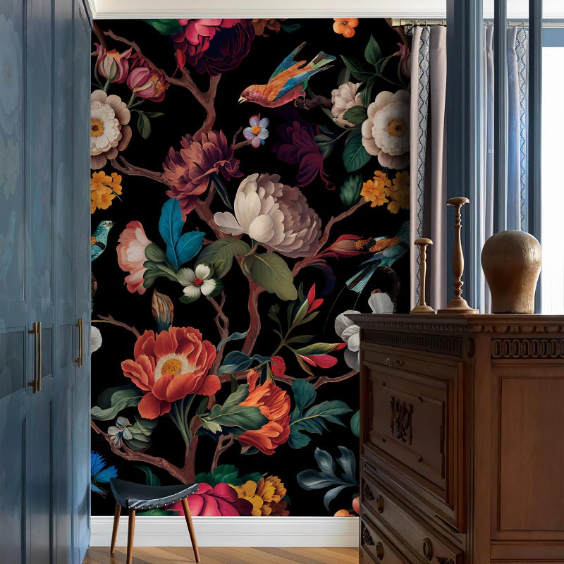 Zeeko Floral Wallpaper Black Peel and Stick Wall Mural Canvas Fabric Vintage Wallpaper for Room TV Background(59" x 98") Large Wall Paintings Home Decor - Image 1