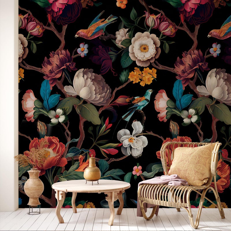 Zeeko Floral Wallpaper Black Peel and Stick Wall Mural Canvas Fabric Vintage Wallpaper for Room TV Background(59" x 98") Large Wall Paintings Home Decor - Image 2