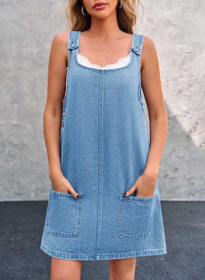 BZB Women's Sleeveless Casual Denim Dress Crewneck Vintage Overall Mini Dress with Pockets, Blue, XXL - Image 2