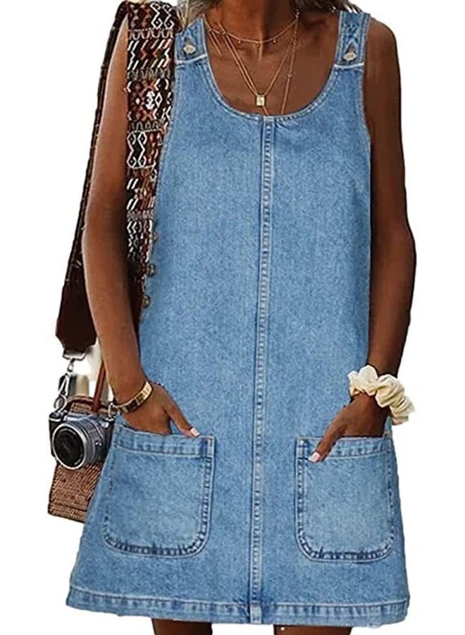 BZB Women's Sleeveless Casual Denim Dress Crewneck Vintage Overall Mini Dress with Pockets, Blue, XXL - Image 1