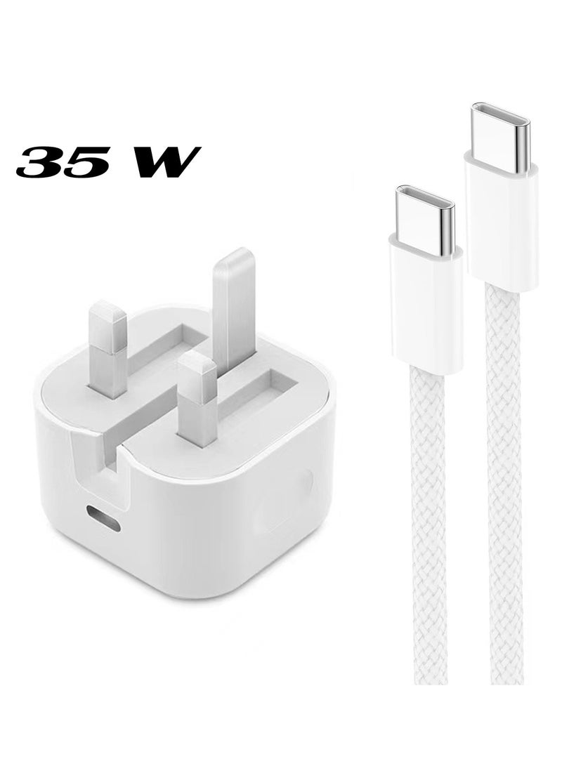 كومبي محول شحن سريع USB C بقوة 35 وات لهاتف iPhone، شاحن حائط من النوع C، محول قابس، مع كابل شحن سريع بقوة 35 وات بطول 1 متر، متوافق مع iPhone 16 Pro Max، iPhone 16 Pro، iPhone 16 Plus، iPhone 16، iPhone 15 Pro Max، iPhone 15 Pro، iPhone 15 Plus، iPhone 15، أبيض - Image 1