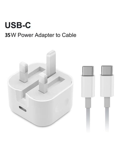 محول شحن سريع USB C بقوة 35 وات لهاتف iPhone، شاحن حائط من النوع C، محول قابس، مع كابل شحن سريع بقوة 35 وات بطول 1 متر، متوافق مع iPhone 16 Pro Max، iPhone 16 Pro، iPhone 16 Plus، iPhone 16، iPhone 15 Pro Max، iPhone 15 Pro، iPhone 15 Plus، iPhone 15، أبيض