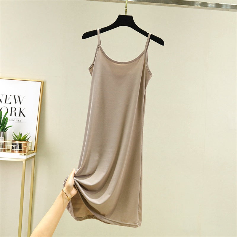 Ice Silk suspender skirt womens summer underskirt plus size chubby girl high waist slimming dress loose long skirt Khaki short