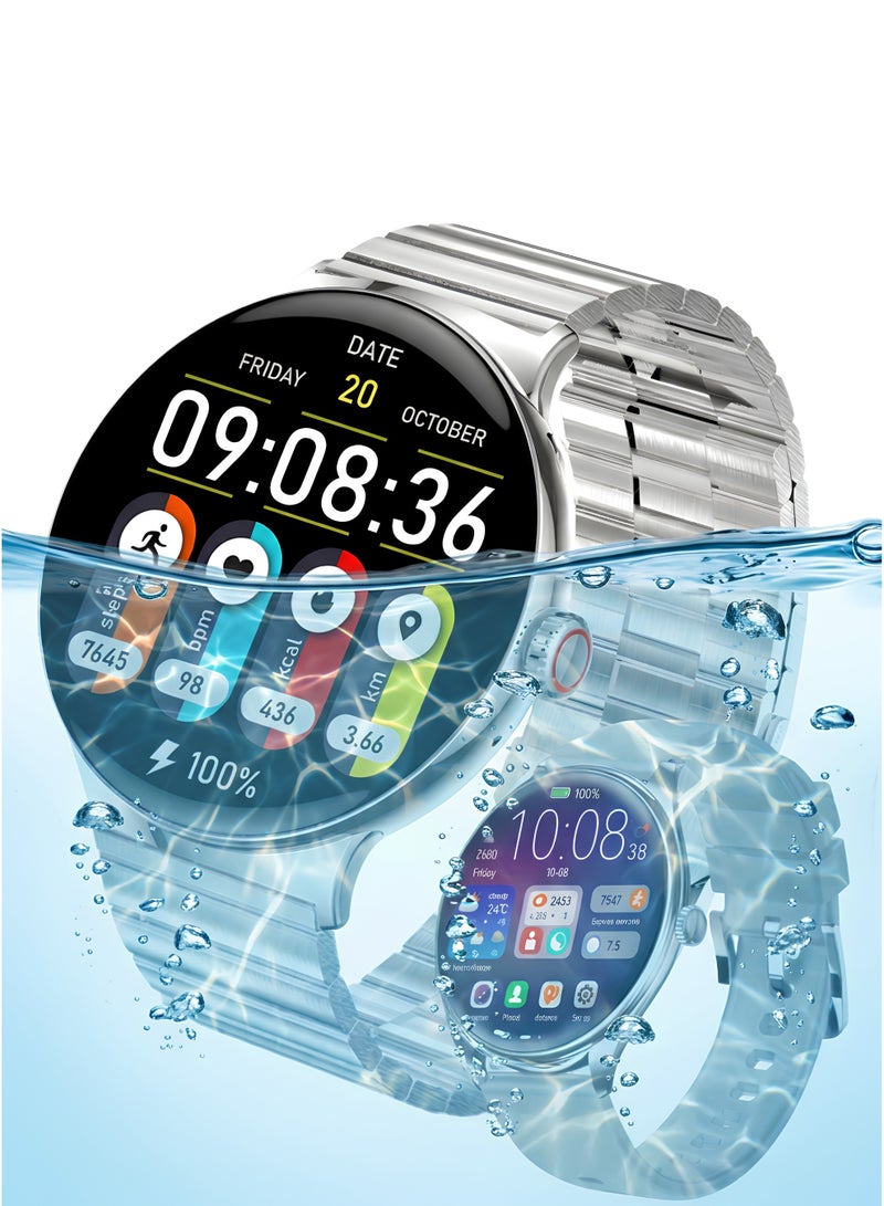 Wisme X57 Ultra Thin Smart Watch with 3 Straps (Metal + 2 Silicone), Super AMOLED Round Dial, Multi Sports Modes Fitness Tracker, Long Battery Life, Sleek Unisex Design Bluetooth Smartwatch (Silver) - Image 1