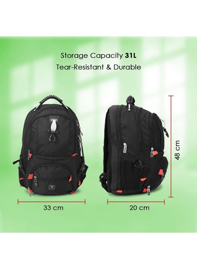SWISS MILITARY - Swiss Military Laptop Backpack with USB Charging Port/Aux Port, Breathable EVA back, Water & Wear Resistant, Travel Backpack for Men, Women, Kids | Bagpacker Bag for Men, 31 liters, Black & Red, 1 - Image 1