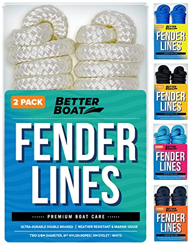 Better Boat Boat Fender Lines, 3/8 Inch Double Braided Nylon Rope, 6 Ft with Loop, 2 Pack, White, for Buoy, Jet Ski Mooring, Docking & Small Boat Bumpers - Image 1