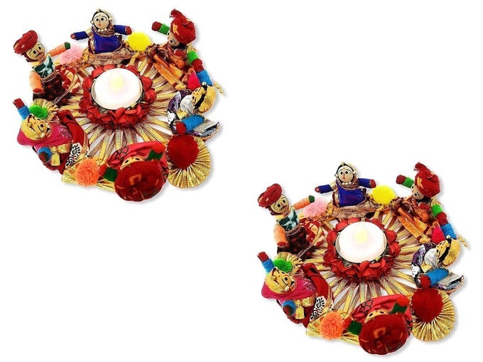 HANDMADE RECYCLED MATERIAL RAJASTHANI RAJA RANI PUPPET/DOLLS DIYAS TEALIGHT/DIYA/DIWALI DIYA/IDOL DIYAS HOLDERS GIFT FOR DIWALI, HOME DECOR/TEMPLE DECOR, MULTICOLOR (PACK OF 2)