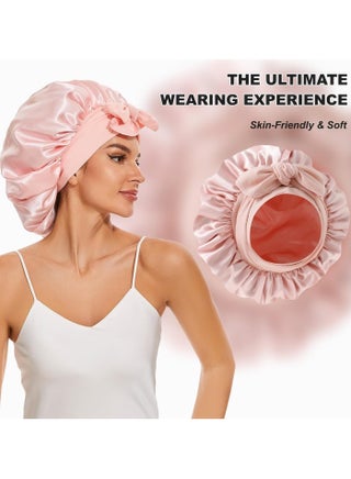 Extra Large Satin Sleep Cap, Wide Hair Protection Sleeping Hat with Adjustable Ties for Women and Girls with Curly and Long Hair(Pink) - view 3