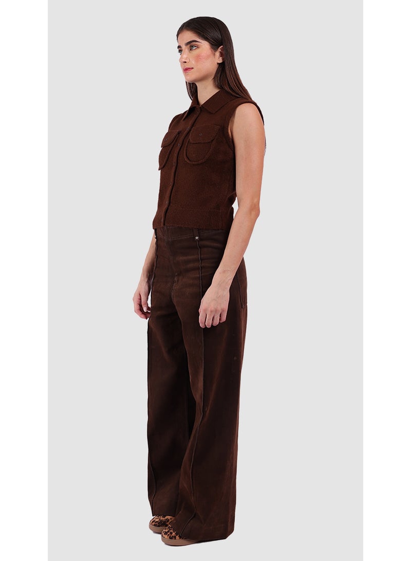 KYVELi Women’s Sleeveless Knit Button-Down Top with Front Pockets – Brown - Image 5