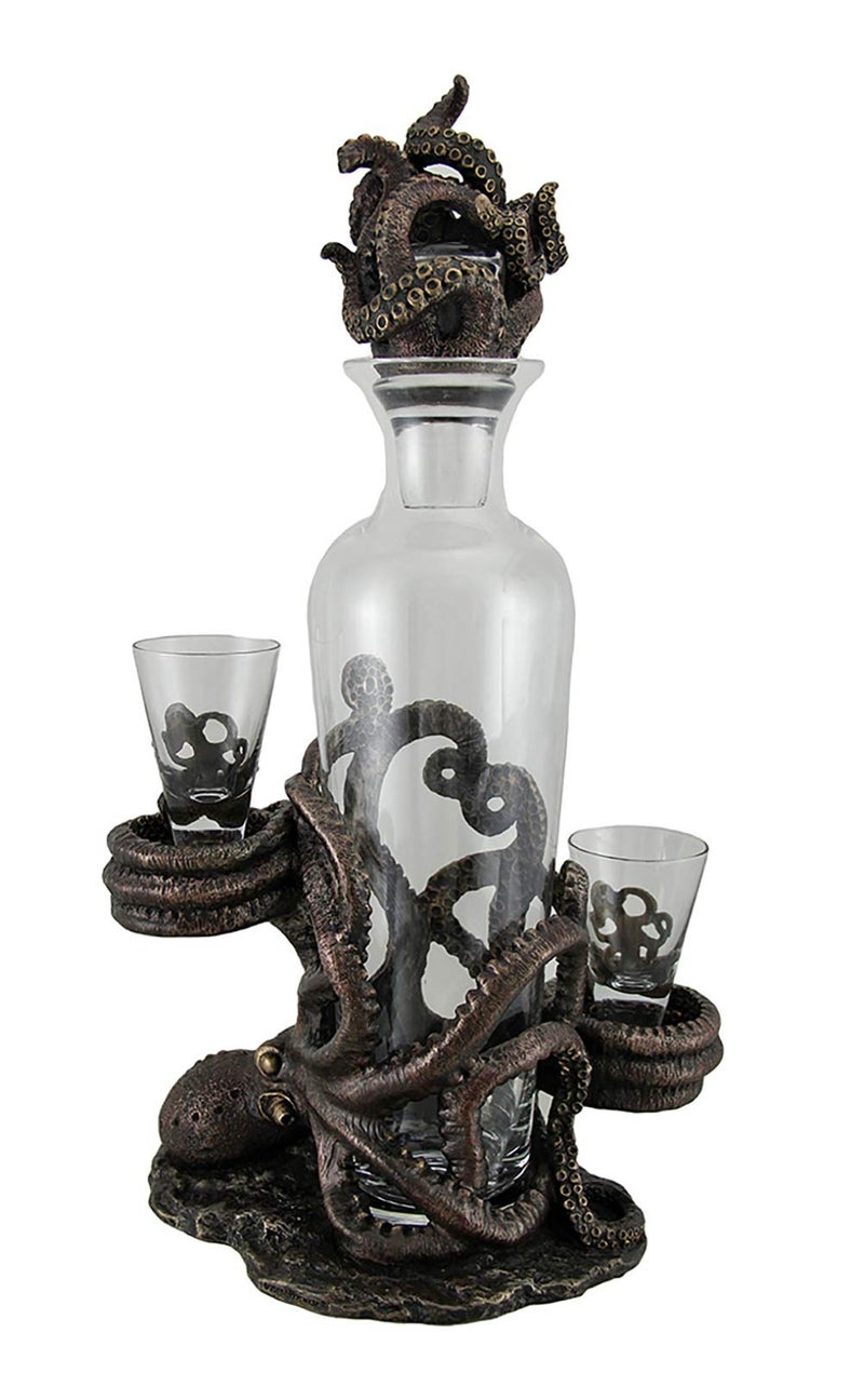 Zeckos Resin And Glass Liquor Decanters Octopus Spirit Decorative Antique Bronze Finish Statue And Glass Decanter Set 8.5 X 15.5 X 5.25 Inches Bronze - Image 3